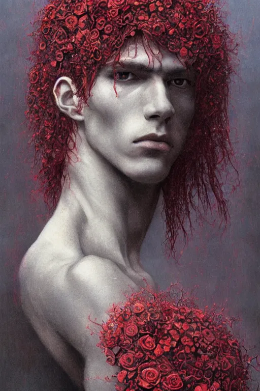 Image similar to portrait of beautiful gothic young man, thunderstorm, cyber armor, a lot of scars, more and more flowers, red head, the middle ages, highly detailed, artstation, illustration, art by jean delville, 8 k quality, art by greg gandy