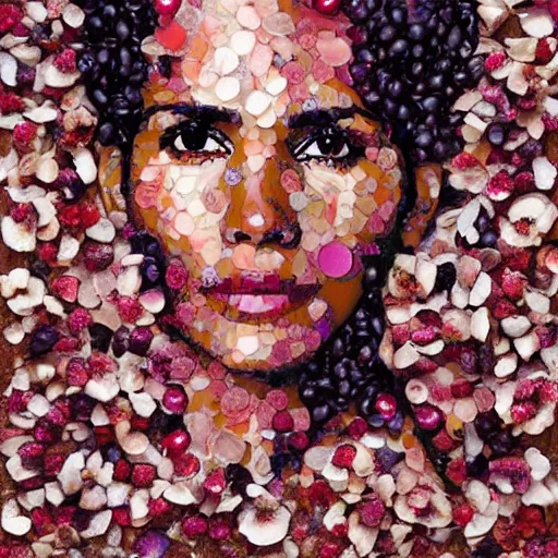 Prompt: a portrait of of halle berry constructed from berries, collage, drop shadow, organic, layered composition, layers, texture, mcu, petals, highly textured, layered, sculpted, dynamic,