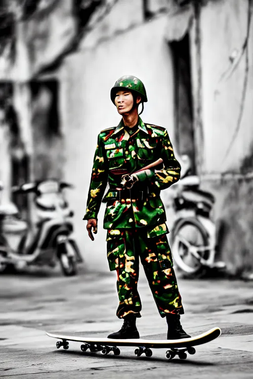 Prompt: vietnam soldier with skateboard, photography, hyperrealistic, vogue magazine photo style, dynamic composition, intricate, comfort posse, smooth, sharp focus, captured by nikon d 8 5 0, 4 k, full body.