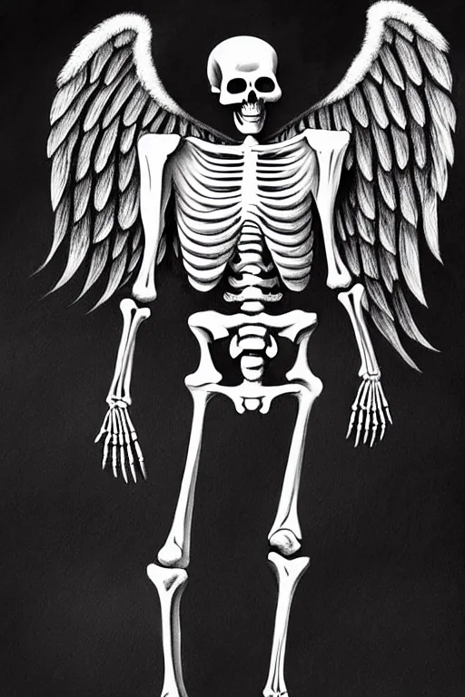 Prompt: a full length male skeleton with angel wings only, illustration painting style, symbolic, cinematic, dark and moody, super detailed and intricate, elegant, hyper realistic