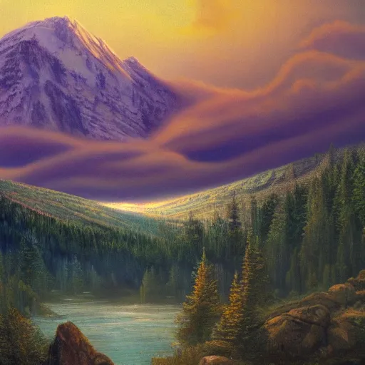 Prompt: Norse mythology mountains with pine forests at dusk, oil painting, realistic, 4K, beautiful, nature