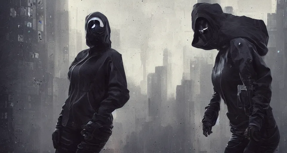 Prompt: a woman wearing a black hoodie and a black mask, cyberpunk art by Jeremy Geddes, featured on cgsociety, digital art, cryengine, dystopian art, apocalypse art
