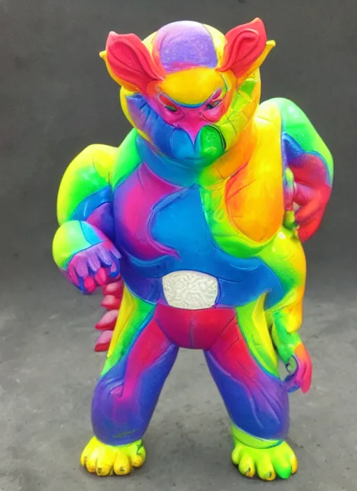 Prompt: kaiju sofubi, rainbow colored, spray painted