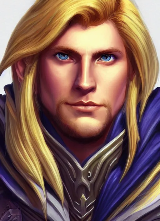 Image similar to portrait of anduin wrynn from wow, in julie shuploc damgaard style, artstation, very beautiful detailed symmetrical face, blonde hair, bright colors, diffuse light, fantasy illustration