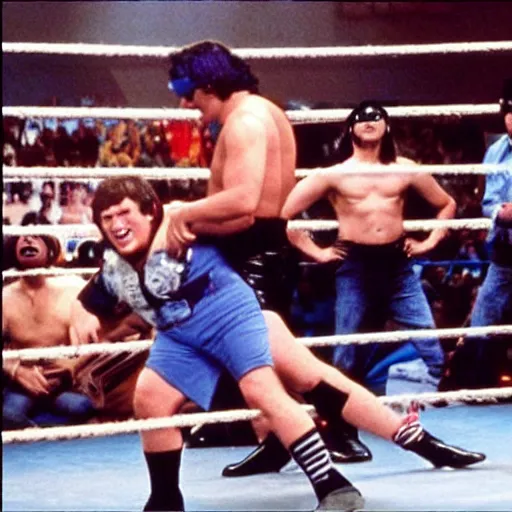 Image similar to “ the blues brothers as a professional wrestling team, fighting in the wrestling ring, still from tv broadcast ”