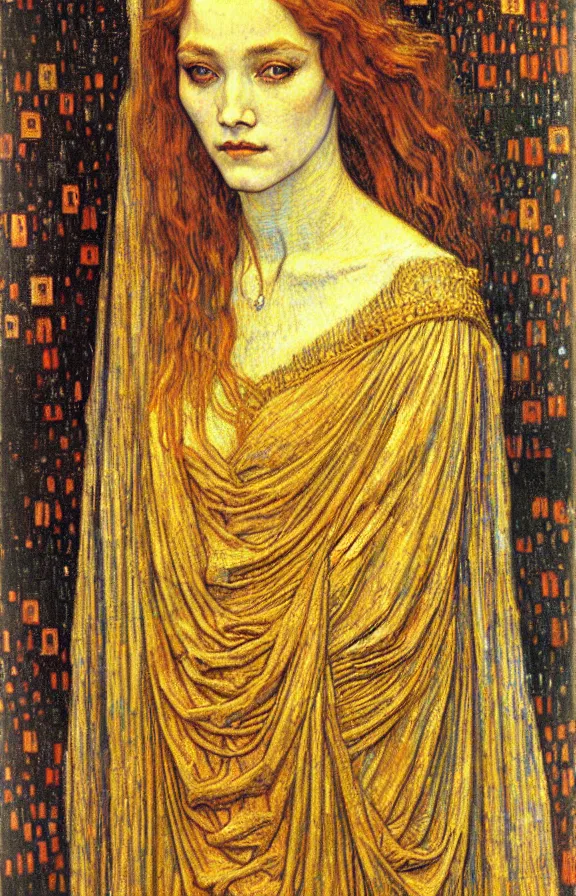 Image similar to detailed realistic beautiful young medieval queen face portrait by jean delville, gustav klimt and vincent van gogh, art nouveau, symbolist, visionary, gothic, pre - raphaelite, muted earthy colors, desaturated