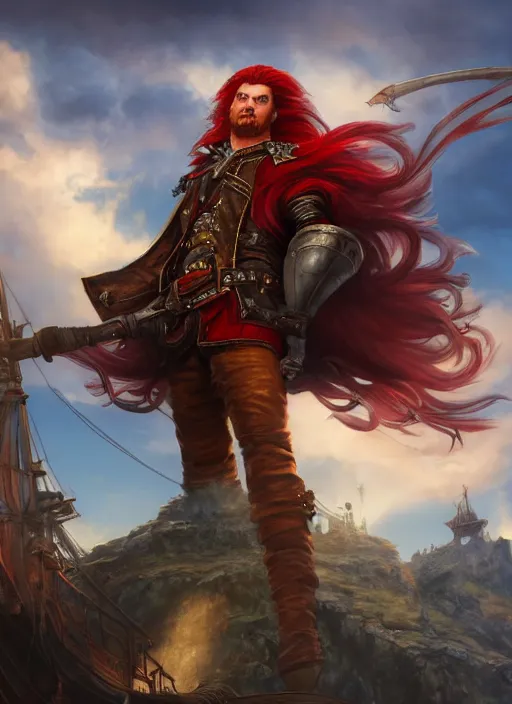 Prompt: an epic fantasy comic book style portrait painting of a long haired, red headed male sky - pirate in front of an airship in the style of disney, unreal 5, daz, hyperrealistic, octane render, cosplay, rpg portrait, dynamic lighting