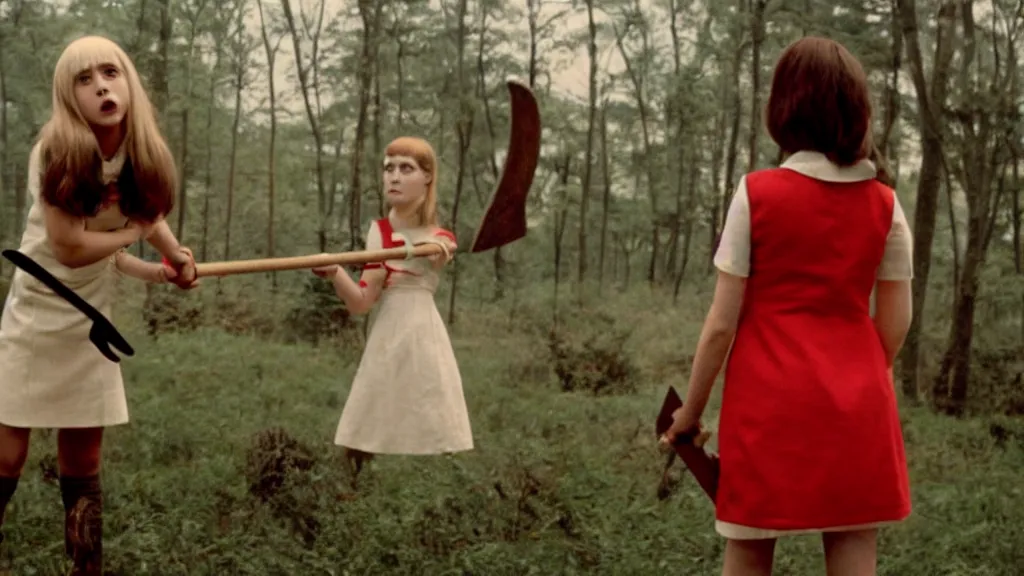 Prompt: A girl in a mod dress holding an axe confronts the monster, Film still from Wes Anderson, wide lens