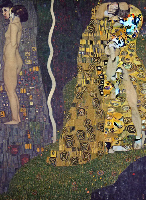 Prompt: cognitive optical illusions of landscape and four people in the foreground in extreme dynamic poses painted by gustav klimt