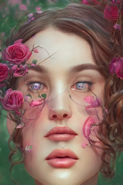 Image similar to stunningly beautiful face, prima ballerina in rose garden, symmetrical face, golden hour, smooth, focus, highly detailed, hyper realistic, dramatic lighting, elegant, intricate, concept art, art by wlop, mars ravelo, greg rutowski, artstation