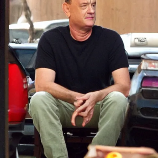 Image similar to Tom Hanks, looking sad, eating at a Taco Bell