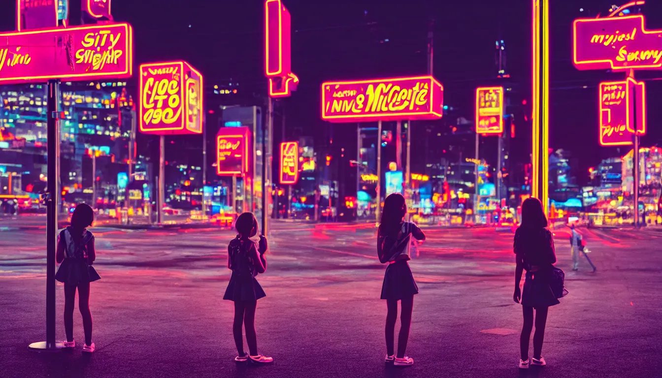Image similar to 90s neon movie still city at night. school girl stands in the middle of a crosswalk. She is looking up at an advertisement. hyperrealistic, high definition, medium format photography, highly detailed, technicolor, anamorphic 50mm lens