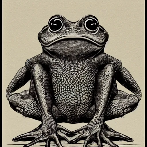 Image similar to full page antique lithograph of Anathomy of godotr, intelligent humanoid frog-like creature, White background, art print, clean brush stroke, realistic highly detailed, 8k post-processing highly detailed, rendered by octane engine, esty