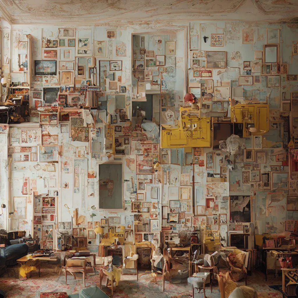 Image similar to promotional photograph of a room in the style of Wes Anderson, architecture magazine, dezeen, 50mm, pentax, film