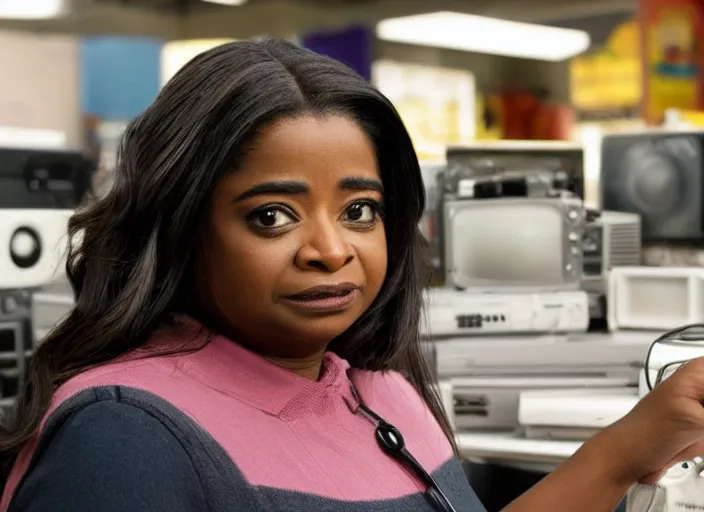 Image similar to cinematic shot of octavia spencer in an small used electronics store hands on an old electronic keyboard, iconic scene from the paranoid thriller sci fi film directed by pt anderson, anamorphic lensesy, beautiful composition, moody cinematography, overhead lighting, color theory, leading lines, photorealistic, volumetric lighting, hyper detailed 4 k image,