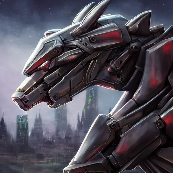 Image similar to hyper realistic, epic, highly detailed cinematic shot of a gigantic feral robot mecha canine, sharp dragon claws, detailed head, metal ears, cannon mounted on back, sleek armor, glowing visor, destroying city, digital art, furry art, macro art, dragon art, furaffinity, deviantart, sofurry