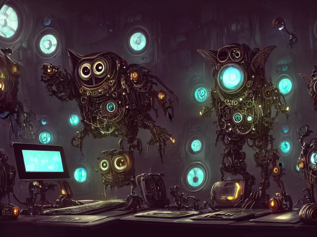 Image similar to an giant evil, malevolent, cyborg owls looking at a computer, surrounded by computer screens. steampunk, intricate, elegant, fantasy, highly detailed, digital painting, concept art, sharp focus, illustration, beautiful lighting, epic light, artstation, colorful, dramatic