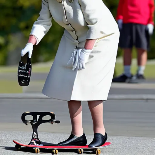 Image similar to queen elizabeth riding a skateboard