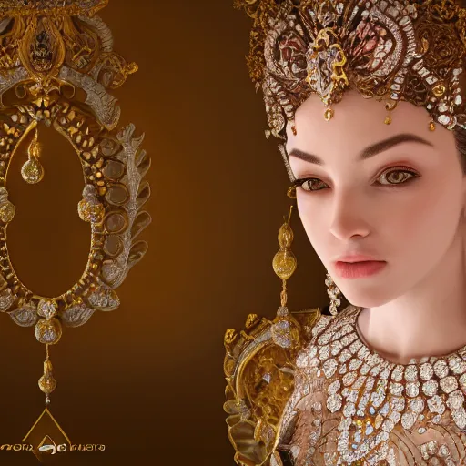 Image similar to portrait of pretty princess with perfect skin, glowing, ornate and intricate diamond jewelry, jaw dropping beauty, ornate and intricate backdrop, white accent lighting, hyper detailed, 4 k octane render