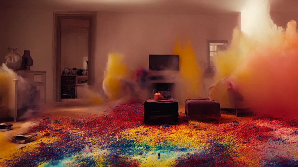 Image similar to colored powder explosion in the living room, film still from the movie directed by Denis Villeneuve with art direction by Salvador Dalí, wide lens