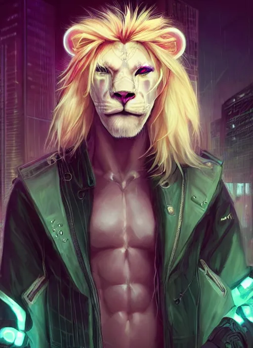 Image similar to esthetic portrait commission of a of a male muscular cyborg anthro albino lion with a neon metal tail and a cute beautiful attractive detailed furry face wearing stylish cyberpunk unkempt wired clothes in a cyberpunk city at sunset while it rains heavily. Character design by charlie bowater, ross tran, artgerm, and makoto shinkai, detailed, inked, western comic book art, 2021 award winning painting