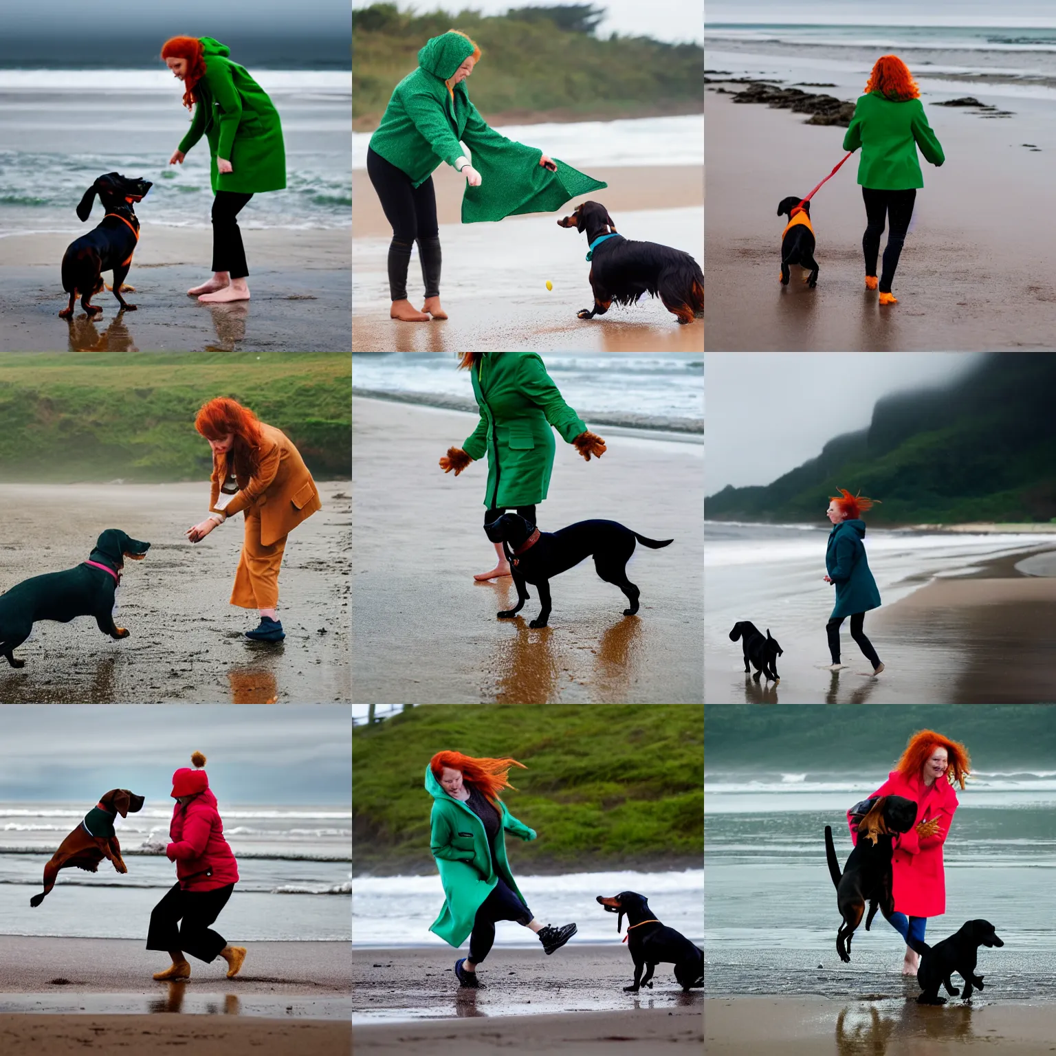 Prompt: a ginger woman in a green coat and blue pants playing catch with her black dachshund on the beach on a rainy day
