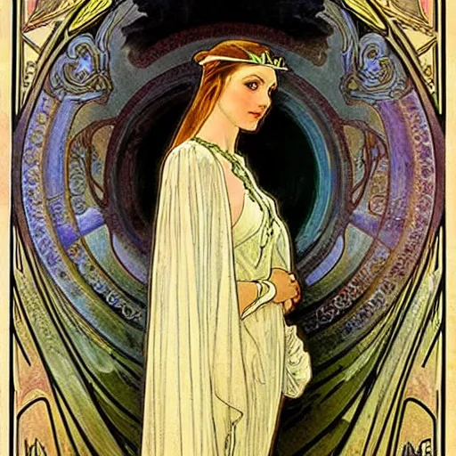 Prompt: Galadriel painted by Alphonse Mucha, james gurney