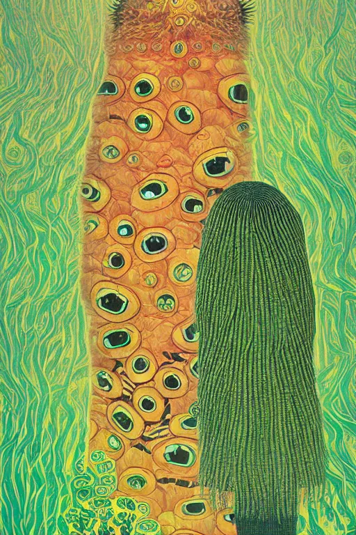 Image similar to creature animal sushi cristal very big eye roots cactus elemental flush of force nature micro world fluo fishscale, illustration, art by ilya kuvshinov and gustav klimt