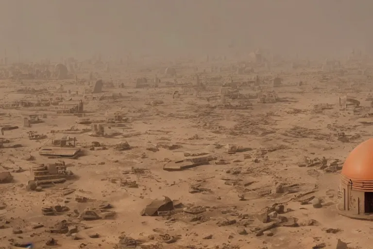 Prompt: gigantic monolithic architecture, open walls let in a sand storm, concrete pillars, ancient sci - fi elements, on an alien planet, sun is blocked by dust, pale orange colors, cinematographic wide angle shot, directed by christopher nolan