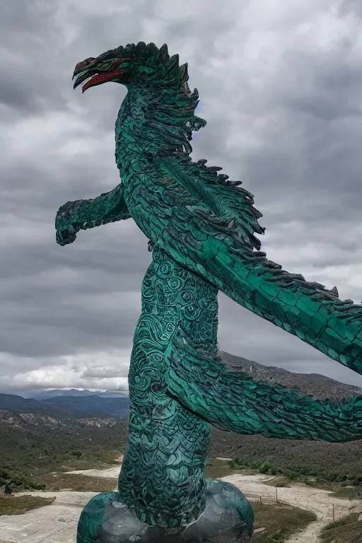 Image similar to epic and dramatic view of quetzalcoatl statue made in albeta marble showing cracks in his full body, realistic and ultra detailed, 8 k