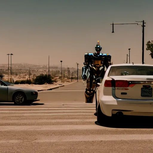 Prompt: film still of 'Los Angeles Robot Future' (2045). Car chase scene. Sigma 85mm f/8