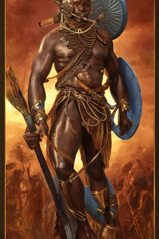 Image similar to ogun holding a great spear, African warrior deity wearing ancient golden armor, orisha God of hunters and craftsmen, strong masculine features, menacing cinematic mid portrait, digital illustration, octane render trending on arstation by artgerm, raphaelite and mucha