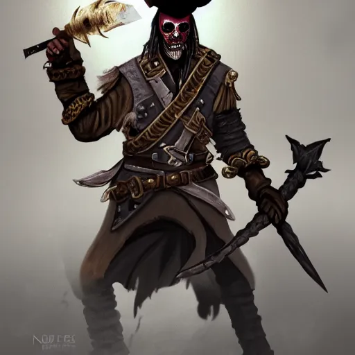 Image similar to Undead pirate captain wielding a sandstone rapier and sandstone dagger, weapons made of sandstone, he wears a hat with an impressive feather and with a brutal scar across his scarred neck, DnD character art portrait, Dark magic, necromancy, dark lighting, flux. High fantasy, digital painting, HD, 4k