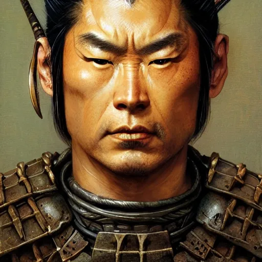 Image similar to head and shoulders portrait of a samurai, d & d, fantasy, greg rutkowski, frank frazetta, alexandre chaudret, boris vallejo, michael whelan, miro petrov, hr giger, magali villeneuve, donato giancola