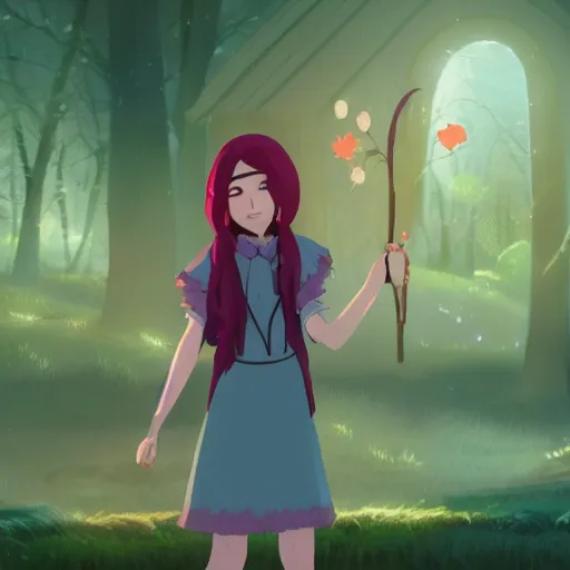 Image similar to A young adult witch with a cottage-core aesthetic with rose-colored hair and teal clothing, Nobutaka Ike, animated film still, character design, fantasy, 8k resolution