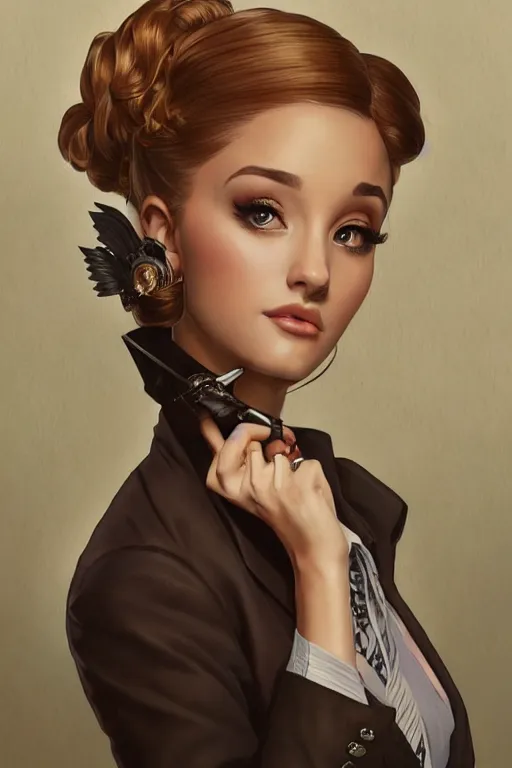 Prompt: evil cottagecore Ariana Grande , business chic attire, office setting, intricate, elegant, highly detailed, digital painting, artstation, concept art, smooth, sharp, focus, illustration, art by artgerm and greg rutkowski and alphonse mucha