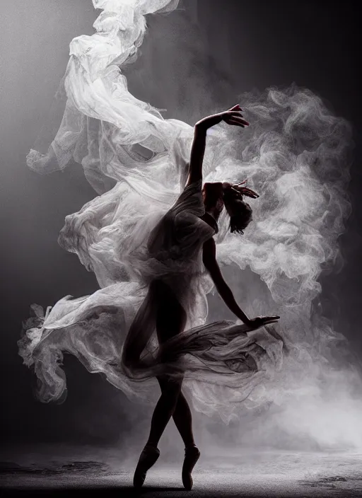 Image similar to a Photorealistic dramatic hyperrealistic render of a beautiful Female smoke dancer by Ken Brower and Deborah Ory of NYC Dance project,Lois Greenfield,Flowing cloth and smoke,Beautiful dynamic dramatic dark moody lighting,volumetric,shadows,cinematic atmosphere,Octane render,8K