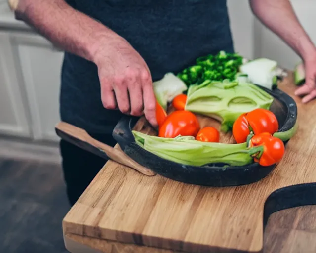 Image similar to ( 9 0 degrees fov, first person point of view )!!!!! of me!!!!! chopping vegetables on a chopping board