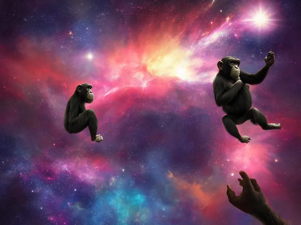 Image similar to a chimpanzee floating through outer space reaching out and touching nebula with it's finger, digital art, concept art, DeviantArt, art station illustration highly detailed artwork cinematic hyper realistic