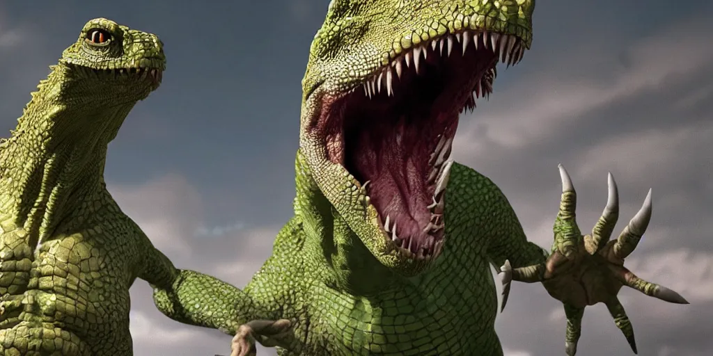 Image similar to Marvel comics character the Lizard, green, wearing a white lab coat, tall, monster, scales, horror, dinosaur style, ultra realistic, 4K, movie still, UHD, sharp, detailed, cinematic, render, 1970s