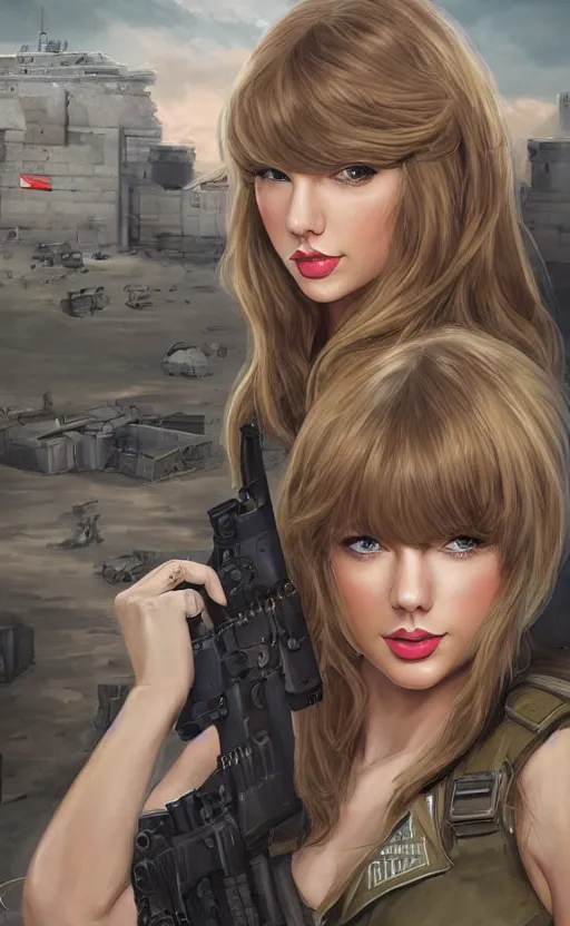 Prompt: portrait of Taylor Swift with long hair and bangs as a female soldier, thicc, big bust, highly detailed, high resolution, military camp in the background, the front of a modern trading card, illustration, character concept art, stunning, girls frontline style, matte, 100mm, by japanese artist shibafu, realistic human anatomy, realistic military carrier, modern warfare, realistic gun design, digitally draw on wacom tablet, low saturation, small eyes, hard surfaces