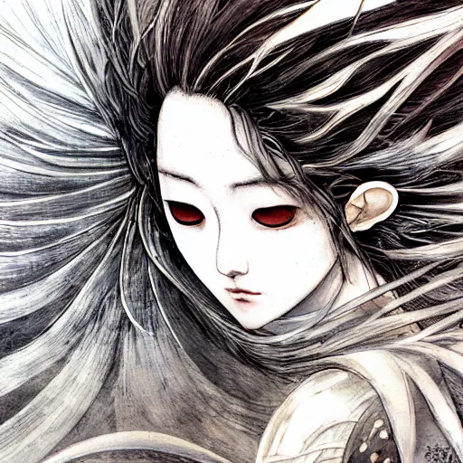 Image similar to yoshitaka amano blurred and dreamy realistic illustration of a japanese woman with black eyes, wavy white hair fluttering in the wind wearing elden ring armor with engraving, abstract patterns in the background, satoshi kon anime, noisy film grain effect, highly detailed, renaissance oil painting, weird portrait angle, blurred lost edges, three quarter view