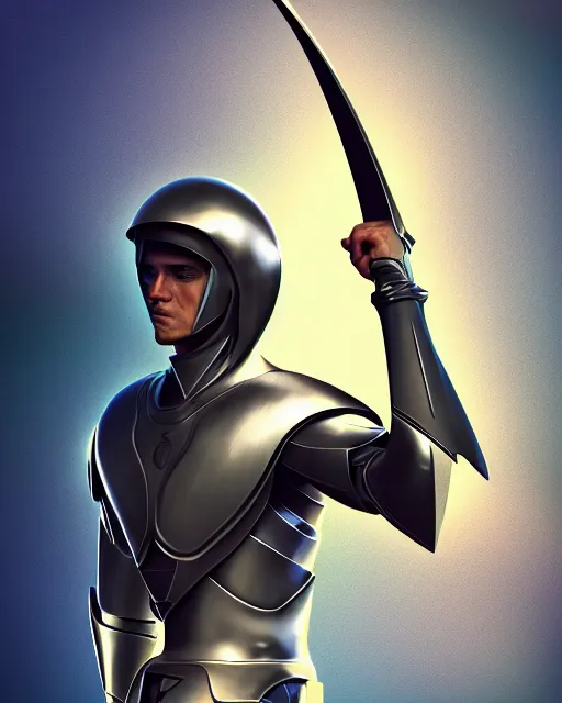 Image similar to digital illustration of a sleek futurstic warrior, curved smooth armor, holding a curved futuristic weapon | | epic - fine - clean, polished, trending on artstation, brush strokes