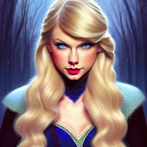Image similar to Taylor Swift with blonde hair as Elsa from Frozen, western, D&D, fantasy, intricate, elegant, highly detailed, digital painting, artstation, concept art, matte, sharp focus, illustration, art by Artgerm and Greg Rutkowski and Alphonse Mucha