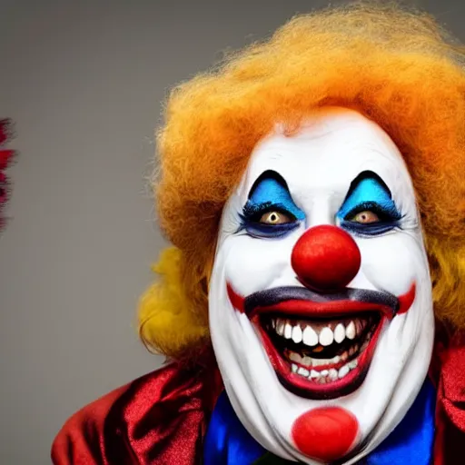 Prompt: photo of a scary clown smiling at the camera