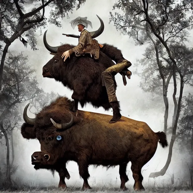 Image similar to incredible modern fable evocative artwork of buffalo hunters, buffalo midnight in the style of tim walker fashion photography, buffalos hunting hunters, fables of the reconstruction
