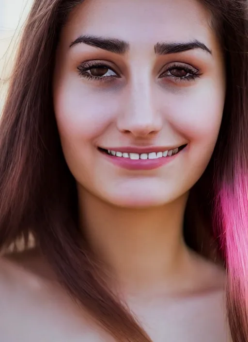 Image similar to A close-up photo of a beautiful Turkish 22 year old girl with hazel eyes, wide forehead and pink cheeks. Her hair is straight and tied into a ponytail. She is looking at the camera with a slight smile. A sense of awe, beauty, Detailed face features, hyper realism, studio, bokeh, shallow depth of field, neutral background, telephoto lens, photography from Vogue magazine, by Martin Schoeller, Sigma 500mm f/5