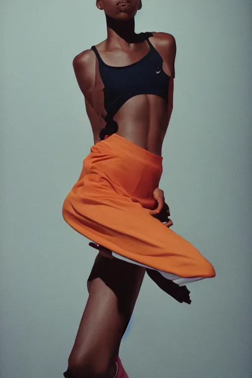 Image similar to realistic photoshoot for a new nike lookbook, color film photography, portrait of a beautiful woman in style of tyler Mitchell, 35mm, graflex