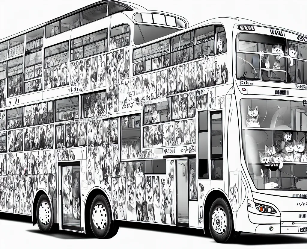 Image similar to Cat transformed into a bus, in the style of Manga, Eichiro Oda, hyper detailed, UHD, 8K details