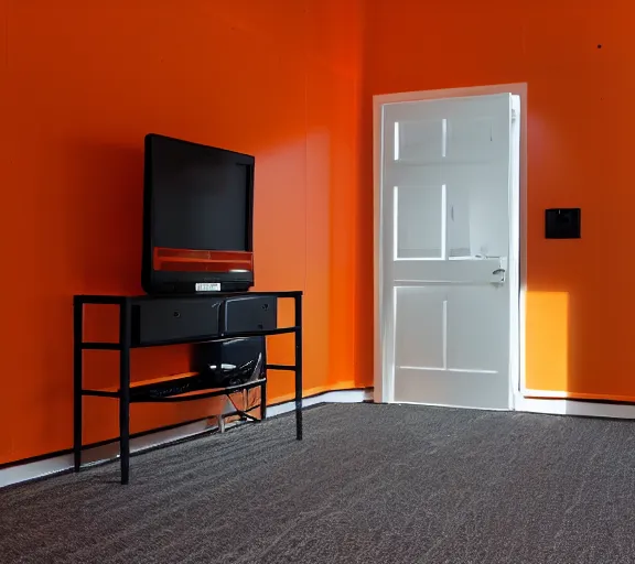 Prompt: a hall with orange walls and white tile floor, a split carpet, a black bench on the right, and a tv hanging in the right upper corner. end of the alley is dark and hard to see.